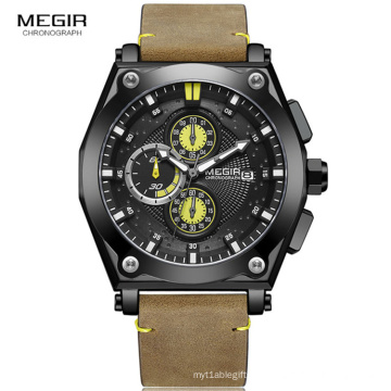 Megir 2098 Blue Men's Leather Strap Quartz Watches Army Sports Chronograph Waterproof Wristwatch for Man Luminous Clock